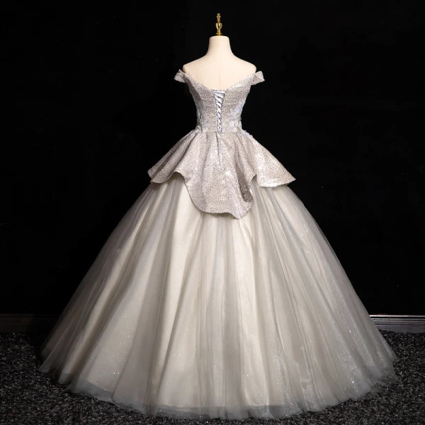 Charmant Ivory / Creme Perlenstickerei Pailletten Ballkleider 2024 Ballkleid Off Shoulder Ärmellos Rückenfreies Lange Ball Festliche Kleider