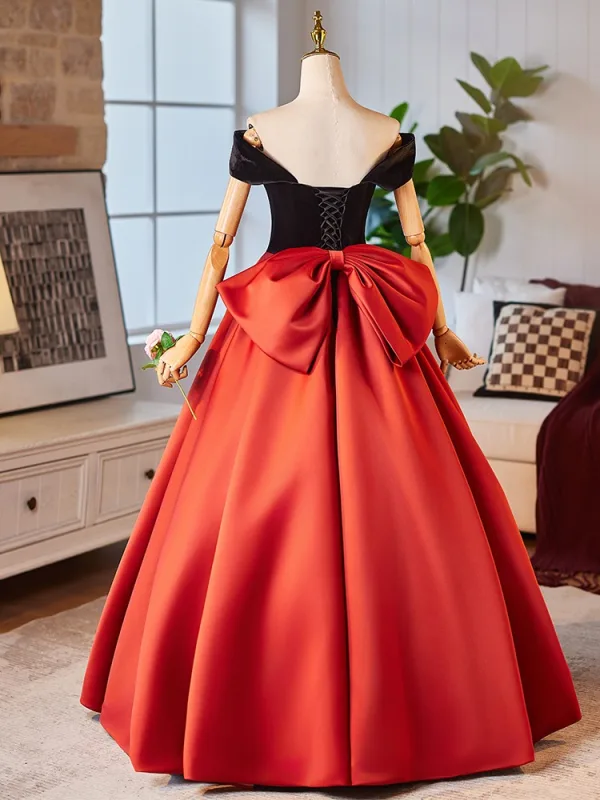 Élégant Orange Satin Robe De Bal 2024 Robe Boule De l'épaule Manches Courtes Dos Nu Noeud Longue Promo Robe De Ceremonie