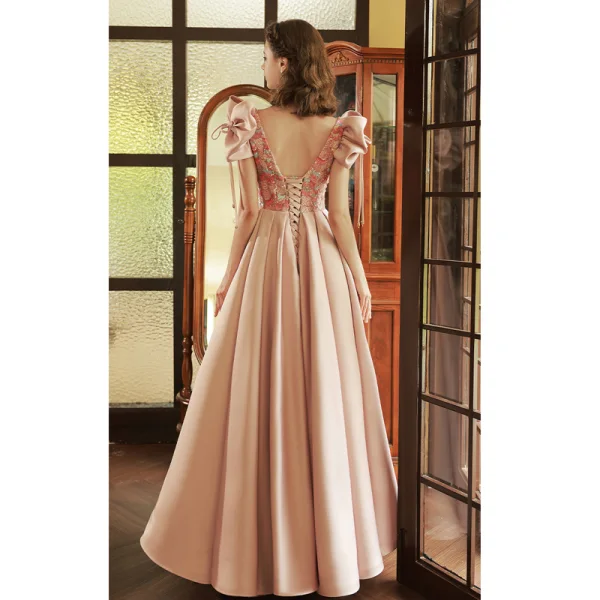 Élégant Rougissant Rose Perlage Paillettes Robe De Bal 2023 Princesse Encolure Carrée Noeud Manches Courtes Dos Nu Longue Promo Robe De Ceremonie
