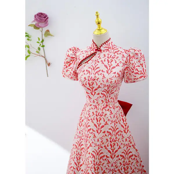 Vintage / Retro Red Floral Pearl Evening Dresses 2022 A-Line / Princess High Neck Short Sleeve Backless Bow Floor-Length / Long Evening Party Formal Dresses