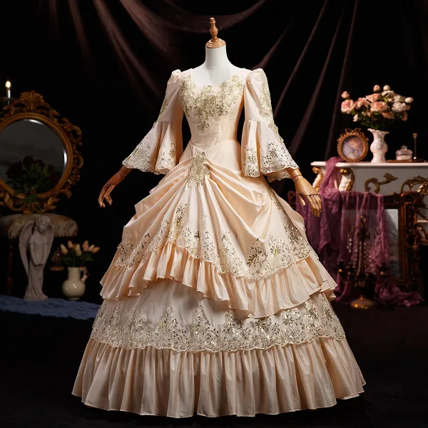 Vintage Retro Medieval Champagne Sequins Lace Flower Cascading Ruffles Prom Dresses 2025