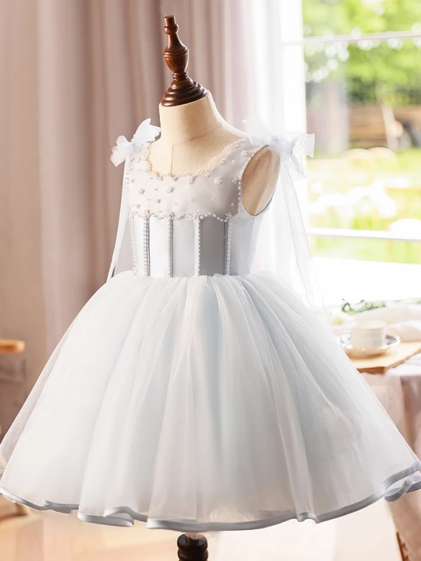 Schlicht Grau Perle Kurze Hochzeit Blumenmädchenkleider 2023 Ballkleid Rundhalsausschnitt Ärmellos Rückenfreies
