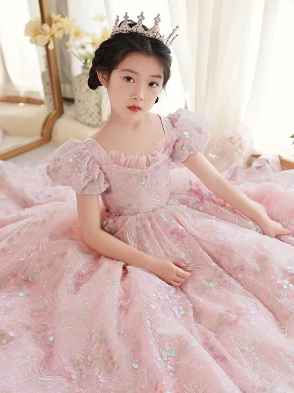 Chic / Belle Rougissant Rose Anniversaire En Dentelle Paillettes Robe Ceremonie Fille 2022 Princesse Encolure Carrée Gonflée Manches Courtes Dos Nu Longue Robe Ceremonie Fille
