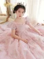 Chic / Belle Rougissant Rose Anniversaire En Dentelle Paillettes Robe Ceremonie Fille 2022 Princesse Encolure Carrée Gonflée Manches Courtes Dos Nu Longue Robe Ceremonie Fille