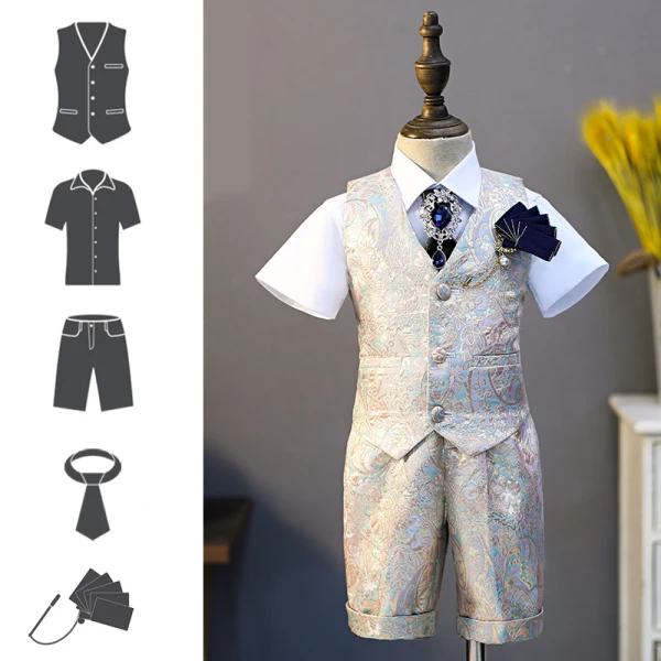 Chic / Beautiful Printing Short Sleeve Boys Wedding Suits 2022 5-piece Body Jewellery Pants Shirt Tie Vest