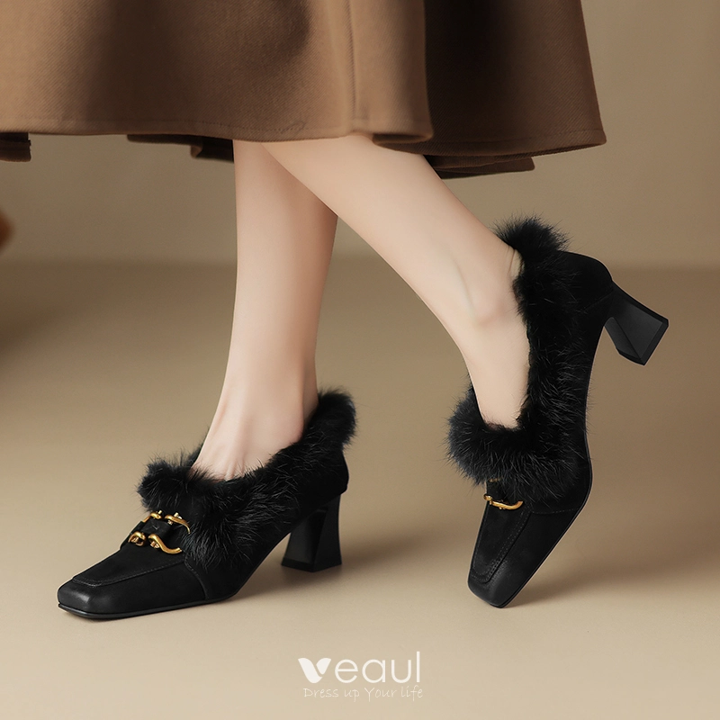 Vintage Originale Noire Vetement de rue Escarpins 2024 Cuir 6 cm Talon Bloc A Bout Pointu Chaussures Femmes Talons Hauts