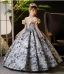 Elegant Sky Blue Printing Birthday Flower Girl Dresses 2024 Ball Gown Scoop Neck Ruffle Short Sleeve Backless Floor-Length / Long