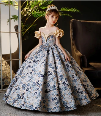 Elegant Sky Blue Printing Birthday Flower Girl Dresses 2024 Ball Gown Scoop Neck Ruffle Short Sleeve Backless Floor Length Long