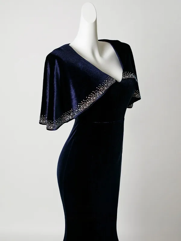 Vintage / Retro Navy Blue Sequins Velvet Prom Dresses Trumpet / Mermaid 2026 V-Neck Short Sleeve Floor-Length / Long Formal Dresses