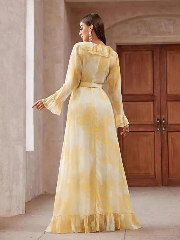 Élégant Jaune Robe De Bal 2025 Princesse Encolure Dégagée Manches de cloche Longue Promo Robe De Ceremonie