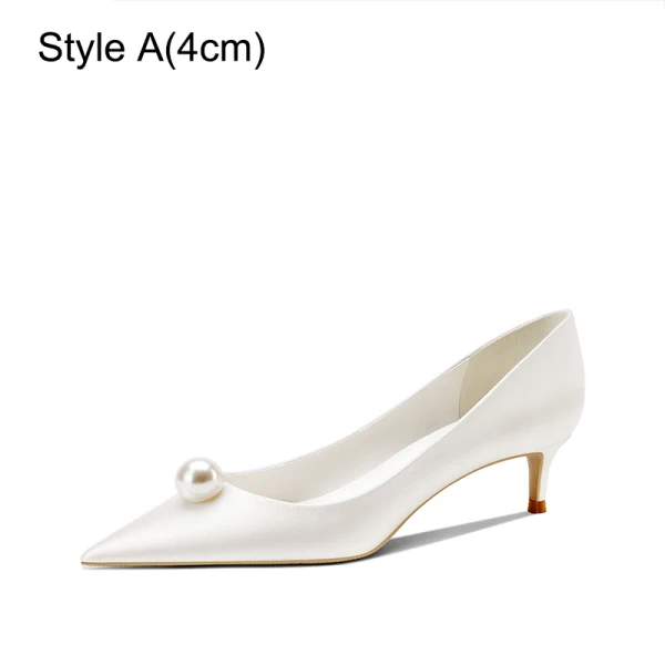 Elegant White Satin Pearl Wedding Shoes 2024 6 cm Stiletto Heels Pointed Toe Wedding Pumps High Heels