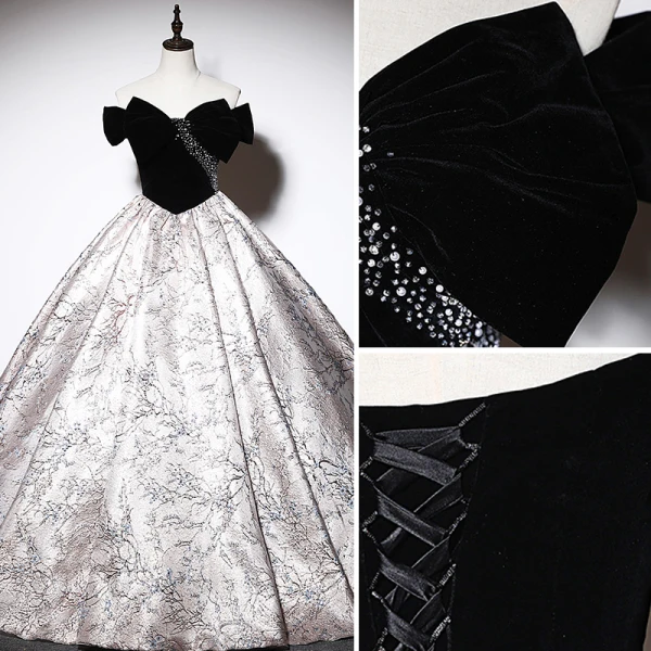 Élégant Noire Daim Robe De Bal 2023 Robe Boule Longue Noeud De l'épaule Faux Diamant Manches Courtes Dos Nu Promo Robe De Ceremonie