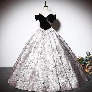 Elegant Black Suede Prom Dresses 2023 Ball Gown Floor Length Long Bow Off The Shoulder Rhinestone Short Sleeve Backless Prom Formal Dresses
