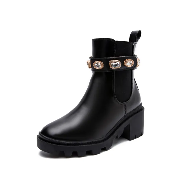 Fashion Black Fall Winter Rhinestone Round Toe Street Wear Womens Boots 2023 7 cm Thick Heels Boots