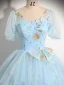 Elegant Sky Blue Pearl Lace Flower Appliques Prom Dresses 2024 Ball Gown U-Neck Short Sleeve Backless Floor-Length / Long Prom Formal Dresses