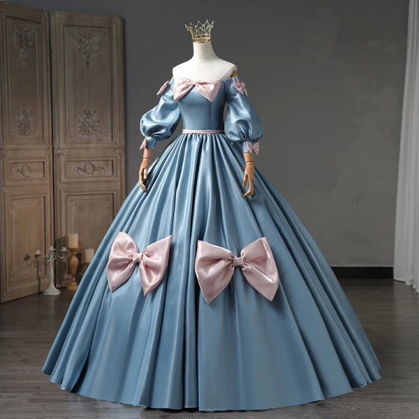 Lovely Pool Blue Bow Prom Dresses 2023 Ball Gown Off-The-Shoulder Short Sleeve Backless Floor-Length / Long Prom Formal Dresses