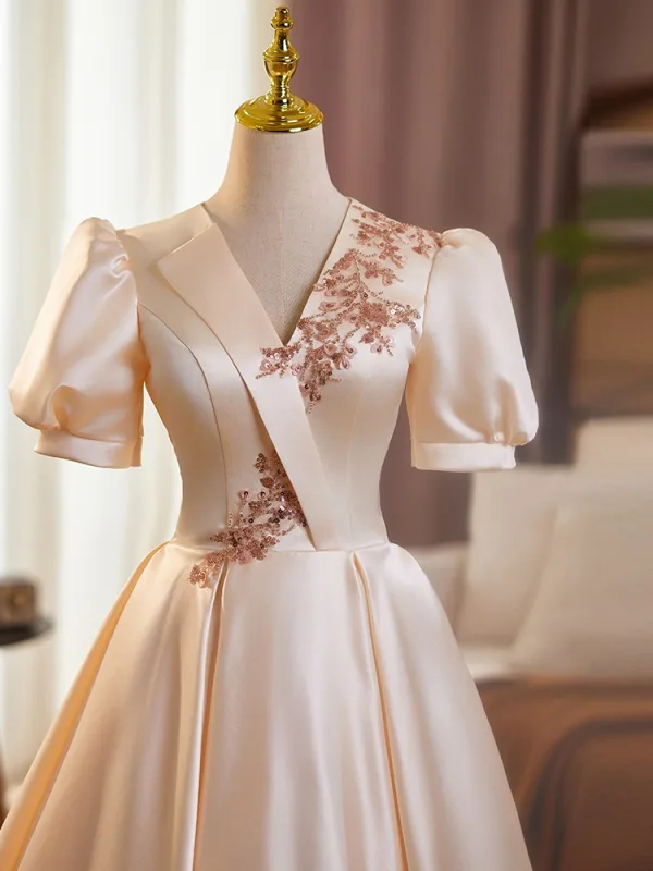 Elegant Champagne Sequins Satin Prom Dresses 2025 Ball Gown V-Neck Short Sleeve Backless Floor-Length / Long Prom Formal Dresses