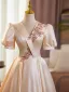 Elegant Champagne Sequins Satin Prom Dresses 2025 Ball Gown V-Neck Short Sleeve Backless Floor-Length / Long Prom Formal Dresses