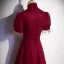 Chinese style Burgundy Pearl Rhinestone Lace Flower Evening Dresses 2022 A-Line / Princess High Neck Short Sleeve Floor-Length / Long Evening Party Formal Dresses