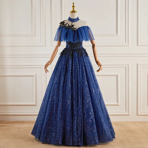 Vintage / Retro Navy Blue Beading Sequins Lace Flower Prom Dresses 2023 Ball Gown High Neck Short Sleeve Backless Floor-Length / Long Prom Formal Dresses
