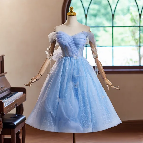 Chic / Beautiful Sky Blue Glitter Pearl Appliques Graduation Dresses 2024 Ball Gown Off-The-Shoulder Short Sleeve Backless Tea-length Sweet 16 Homecoming