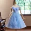 Chic / Beautiful Sky Blue Glitter Pearl Appliques Graduation Dresses 2024 Ball Gown Off-The-Shoulder Short Sleeve Backless Tea-length Sweet 16 Homecoming