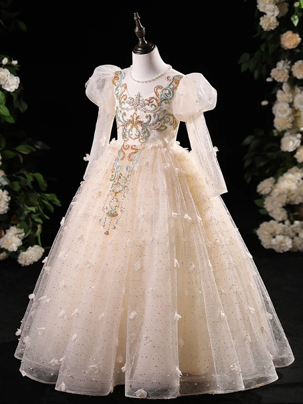 Chic / Beautiful Champagne Beading Pearl Sequins Appliques Birthday Flower Girl Dresses 2024 A-Line / Princess Scoop Neck Long Sleeve Backless Floor-Length / Long