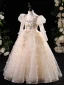 Chic / Beautiful Champagne Beading Pearl Sequins Appliques Birthday Flower Girl Dresses 2024 A-Line / Princess Scoop Neck Long Sleeve Backless Floor-Length / Long