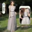 Modest / Simple Grey Bow Sash Bridesmaid Dresses 2023 A-Line / Princess Square Neckline Short Sleeve Floor-Length / Long Bridesmaid Dresses