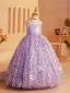 Sparkly Lavender Beading Sequins Rhinestone Birthday Flower Girl Dresses 2024 Ball Gown High Neck Sleeveless Backless Floor-Length / Long