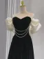 Chic / Beautiful Black Pearl Velvet Prom Dresses 2024 A-Line / Princess Off-The-Shoulder Puffy Short Sleeve Backless Floor-Length / Long Prom Formal Dresses
