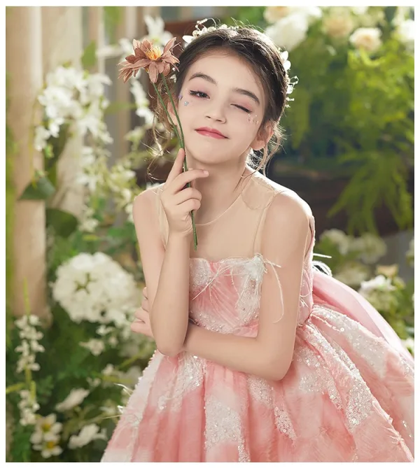 Chic / Beautiful Blushing Pink Beading Pearl Sequins Appliques Birthday Short Flower Girl Dresses 2025 Ball Gown Scoop Neck Tassel Sleeveless