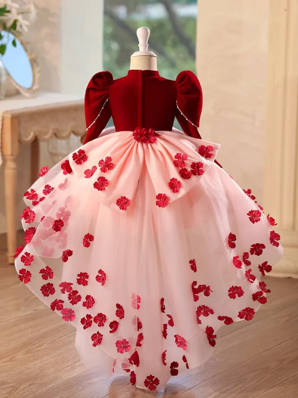 Chic / Belle Bordeaux Appliques Asymétrique Anniversaire Robe Ceremonie Fille 2025 Robe Boule Col Haut Gonflée Manches Longues