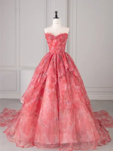 Flower Fairy Candy Pink Floral Appliques Prom Dresses 2025 Ball Gown Strapless Sleeveless Backless Sweep Train Formal Dresses