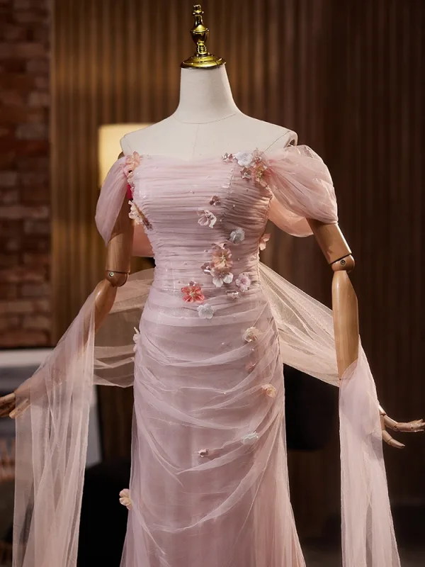 Chic / Beautiful Blushing Pink Pearl Appliques Prom Dresses 2024 Trumpet / Mermaid Off-The-Shoulder Short Sleeve Backless Floor-Length / Long Prom Formal Dresses