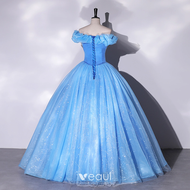 Cinderella Elegant Sky Blue Sequins Prom Dresses 2023 Ball Gown Ruffle  Off-The-Shoulder Sleeveless Backless Floor-Length / Long Prom Formal Dresses