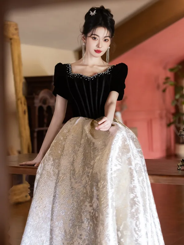 Charming Black Pearl Glitter Prom Dresses 2025 A-Line / Princess Square Neckline Short Sleeve Backless Floor-Length / Long Formal Dresses