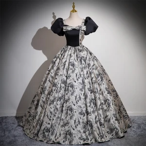Vintage Originale Noire Impression Robe De Bal 2024 Robe Boule Encolure Carrée Noeud Gonflée Manches Courtes Dos Nu Longue Promo Robe De Ceremonie