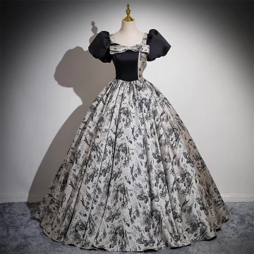 Vintage Originale Noire Impression Robe De Bal 2024 Robe Boule Encolure Carrée Noeud Gonflée Manches Courtes Dos Nu Longue Promo Robe De Ceremonie