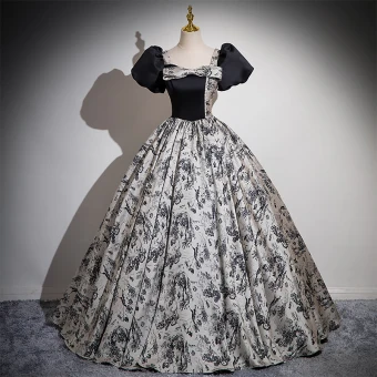 Vintage Retro Black Printing Prom Dresses 2024 Ball Gown Square Neckline Bow Puffy Short Sleeve Backless Floor Length Long Prom Formal Dresses