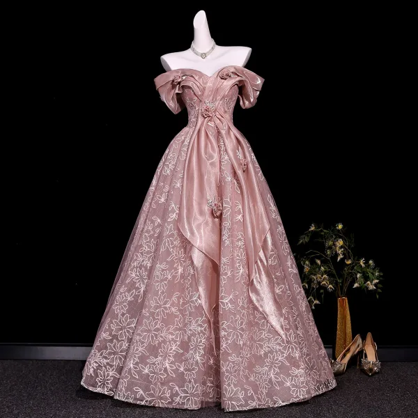Traumhaft Rosa Applikationen Stickerei Ballkleider 2026 Ballkleid Off Shoulder Kurze Ärmel Rückenfreies Lange Festliche Kleider
