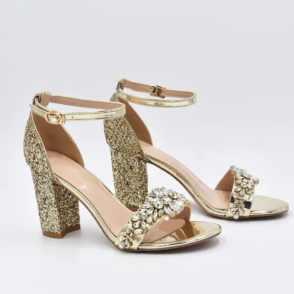 Charmant Glitzernden Gold Strass Pailletten Brautschuhe 2022 Knöchelriemen 10 cm Thick Heels Peeptoes Hochzeit Sandaletten Hochhackige