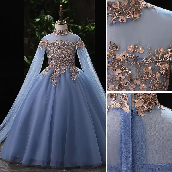 Elegant Sky Blue Beading Sequins Birthday Flower Girl Dresses 2022 Ball Gown High Neck Long Sleeve Floor-Length / Long Flower Girl Dresses