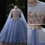 Elegant Sky Blue Beading Sequins Birthday Flower Girl Dresses 2022 Ball Gown High Neck Long Sleeve Floor-Length / Long Flower Girl Dresses