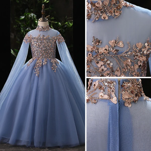 Chic / Beautiful Ocean Blue Beading Sequins Prom Flower Girl Dresses 2022 Ball Gown High Neck Long Sleeve Floor-Length / Long Flower Girl Dresses