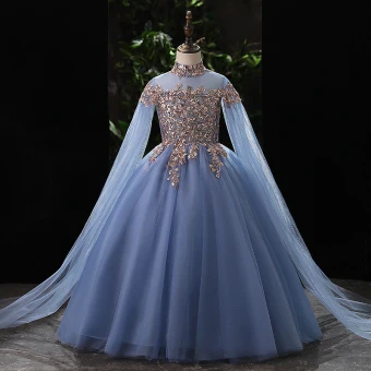 Chic Belle Océan Bleu Perlage Paillettes Promo Robe Ceremonie Fille 2022 Robe Boule Col Haut Manches Longues Longue Robe Ceremonie Fille