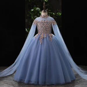 Elegant Sky Blue Beading Sequins Birthday Flower Girl Dresses 2022 Ball Gown High Neck Long Sleeve Floor Length Long Flower Girl Dresses