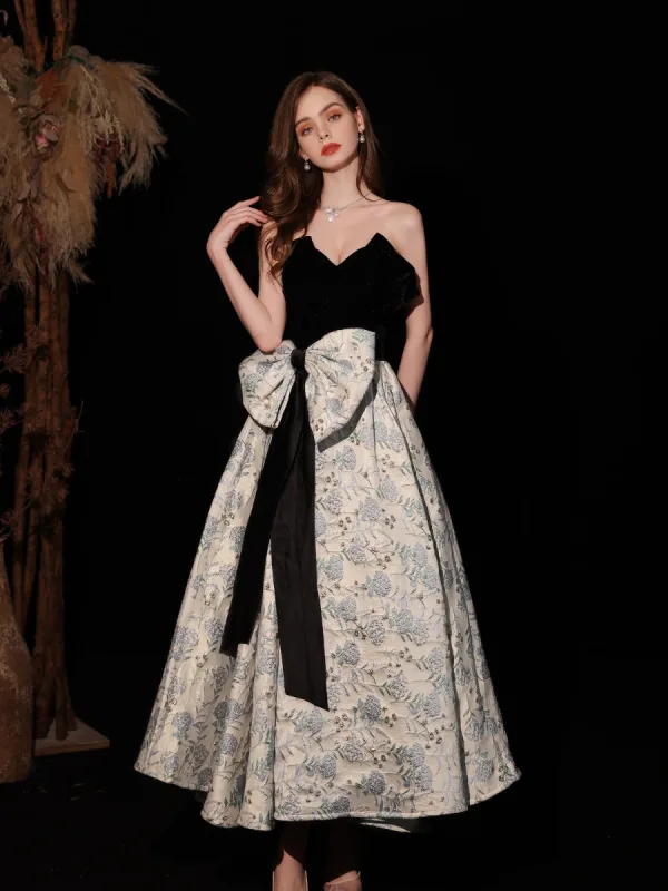 Charming Black Floral Evening Dresses 2022 A-Line / Princess Strapless Sleeveless Bow Backless Floor-Length / Long Evening Party Formal Dresses