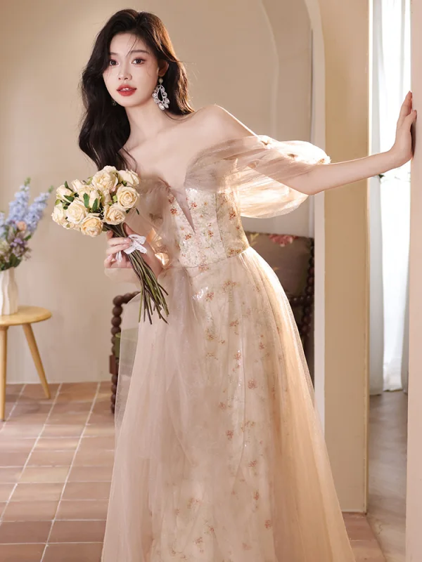 Charming Champagne Sequins Printing Prom Dresses 2024 A-Line / Princess Off-The-Shoulder Sleeveless Backless Floor-Length / Long Prom Formal Dresses