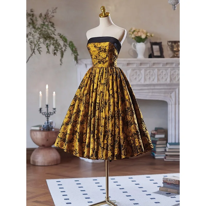 Unusual Black Gold Printing Tea-Length Homecoming Graduation Dresses 2024 Ball Gown